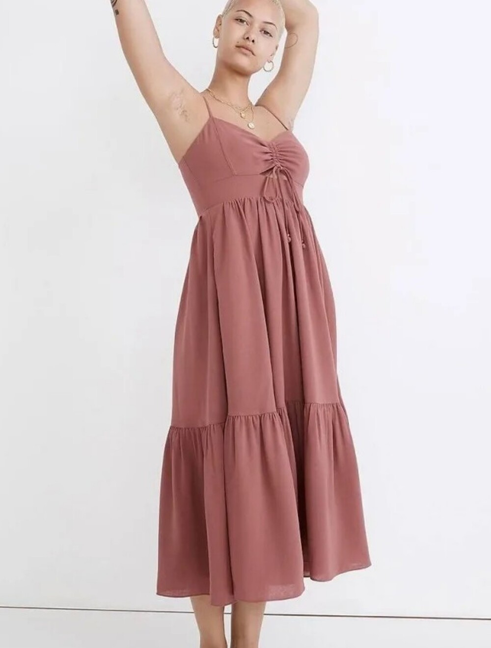 Madewell Ruched Keyhole Tiered Midi Dress